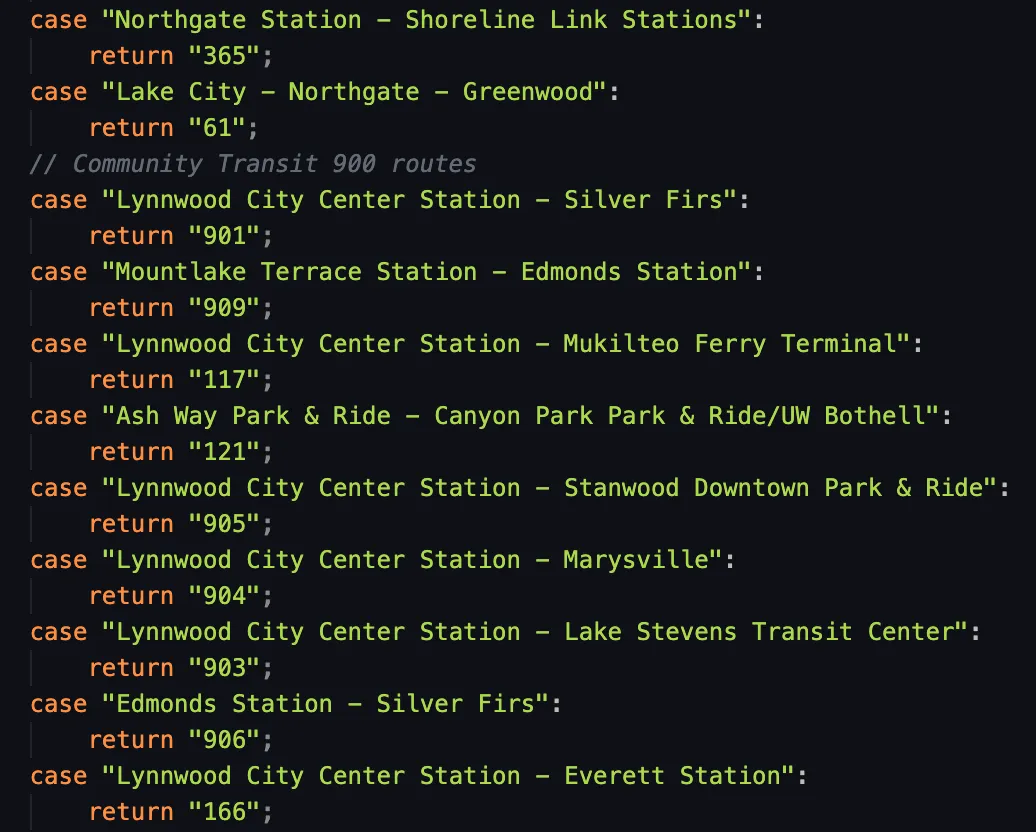 Screenshot of the lookup table mapping long route names to short route numbers