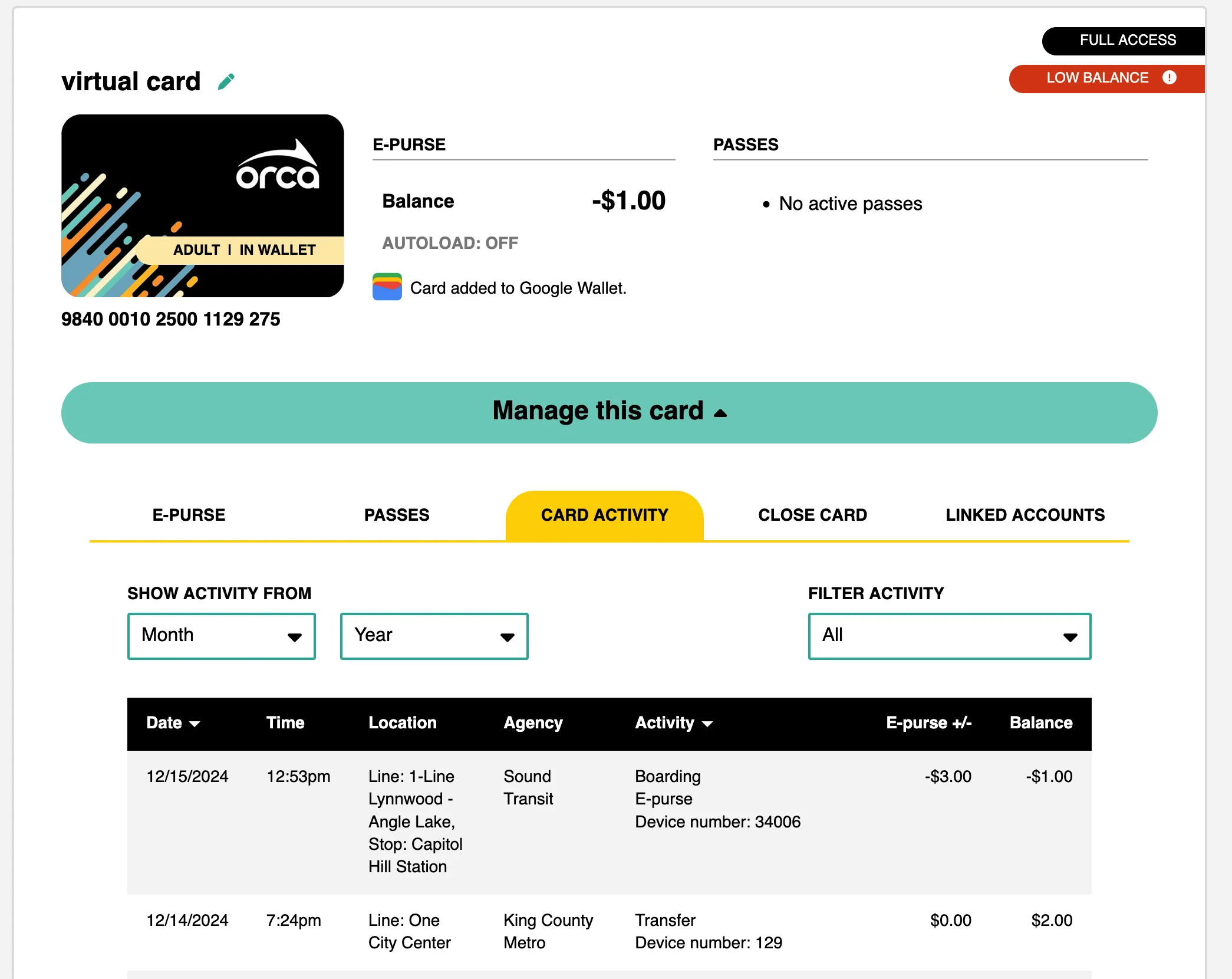 Screenshot of the new ORCA website showing trip history